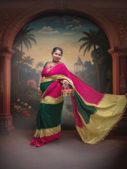 Timeless beauty, elegance, and a moment that feels like a classic painting come to life in this multi-colored saree portrait.