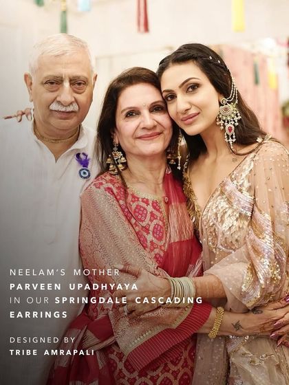 A beautiful family portrait. Neelam's mother, Parveen, looks radiant in the Springdale Cascading Earrings, showing how I style jewelry for every generation of the family to shine.
