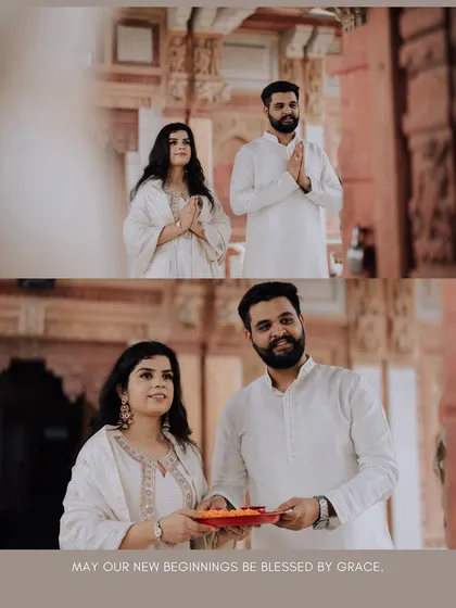 More moments from the temple shoot, including a shot of the couple with a puja thali, signifying blessings for their new beginning.