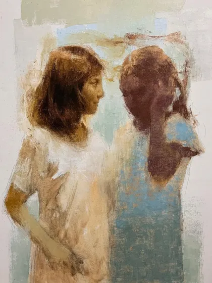 A version of "Choice of Living," showing the two figures in conversation.