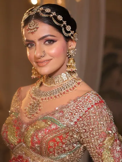Shine brighter than ever with timeless elegance. This bride wears a beautiful layered polki set with a delicate sheeshpatti.