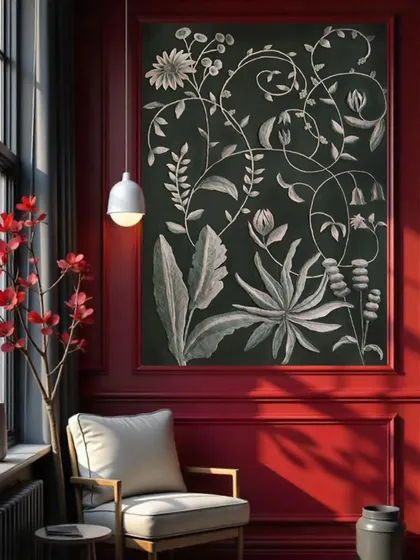 My 3D textured art can create a bold statement. This large floral panel, set against a rich crimson wall, demonstrates how texture and monochrome design can add drama and luxury to an interior design scheme.