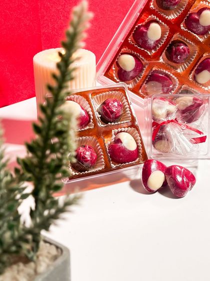 My special heart shaped chocolates with a red velvet flavor, perfect for Valentine's Day gifting. They come in various box sizes, from a small pack of two to a larger box of twelve.