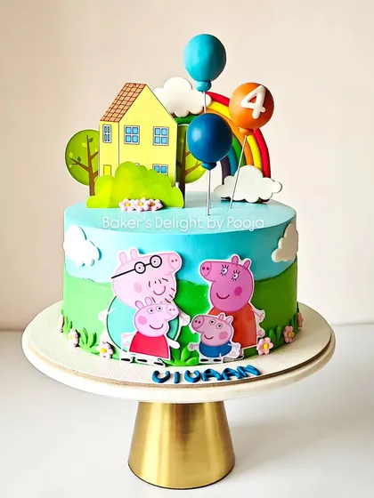 Oink oink! This cheerful Peppa Pig cake brings the whole family together for a fourth birthday celebration. The design includes Peppa, George, Mummy Pig, and Daddy Pig against a bright, sunny backdrop with their iconic house.
