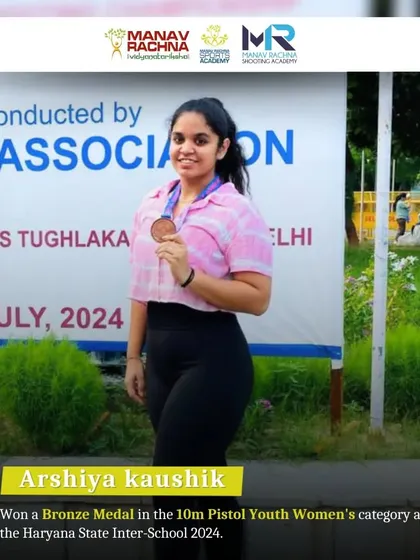 Our youth shooter Arshiya Kaushik with her Bronze Medal won in the 10m Pistol Youth Women's category at the Haryana State Inter-School 2024, a proud moment for our academy.
