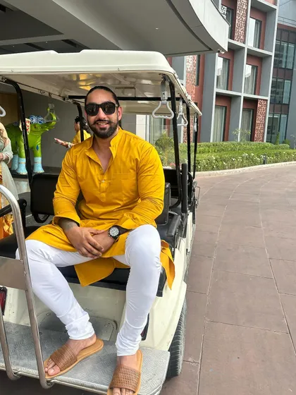 Dressing the part is key. For this destination wedding's Haldi ceremony in Jaipur, I went with a traditional kurta to match the vibrant, festive atmosphere of the event.