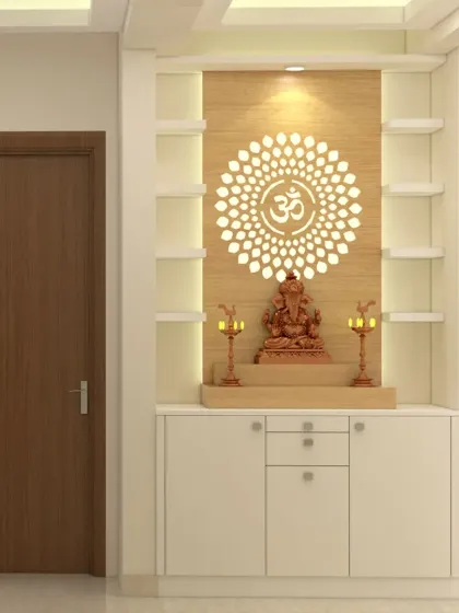 A modern and minimalist pooja unit design. The backlit 'Om' mandala and the clean white cabinet with shelves for idols create a serene and sacred space.