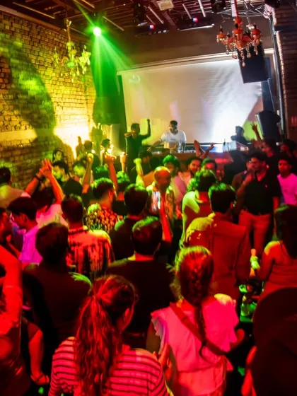 A shot of the packed dance floor at Roxy, Kolkata. The brick walls and unique lighting give this iconic venue an incredible, intimate vibe.