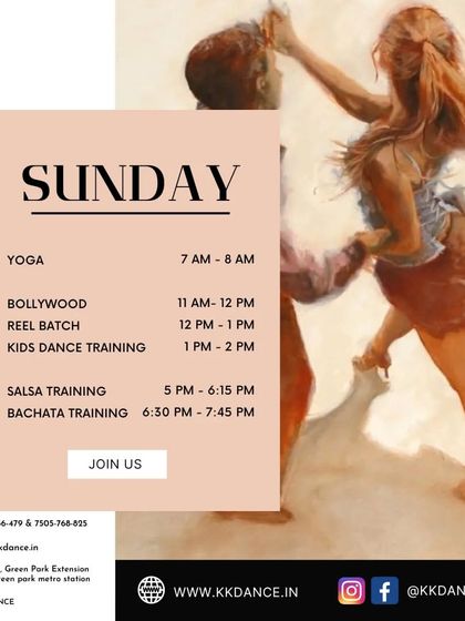 Spend your Sunday with us. We have morning Yoga followed by Bollywood, a Reel Batch, Kids Dance Training, and afternoon sessions for Salsa and Bachata.