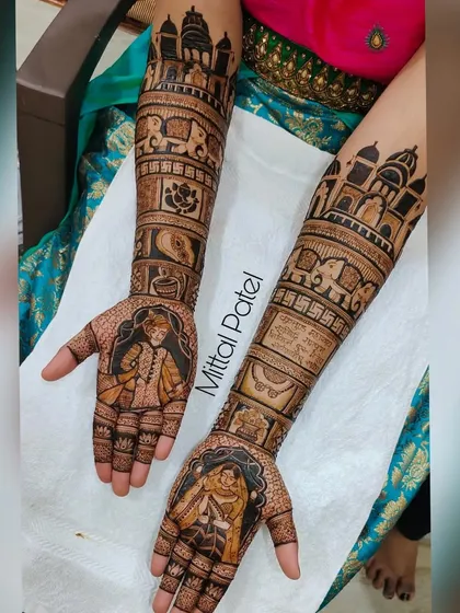 An alternate angle of the heavy bridal mehndi, providing a clear view of the intricate details and multiple figures woven into the design.