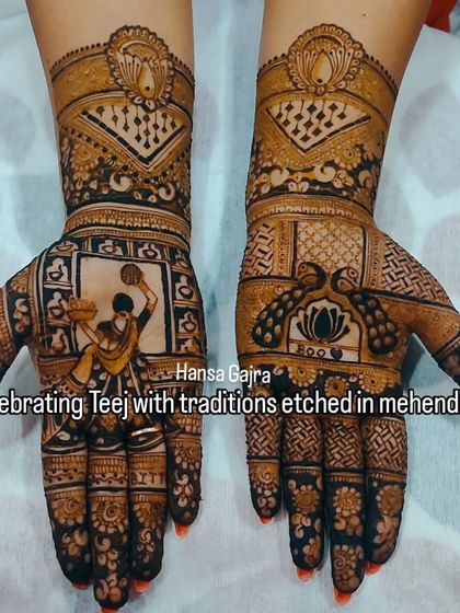 Celebrating the festival of Teej with traditions etched in mehendi. This design features a woman on a swing and delicate lotus motifs, carrying the essence of joy and love.