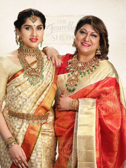 The legendary actress Malashree and her daughter Aaradhana Ram, both looking regal in our Kanchipuram silk sarees. A beautiful moment showcasing how tradition is passed down with grace.