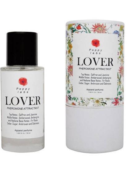 A bottle of 'Lover' perfume next to its packaging, on a white background.