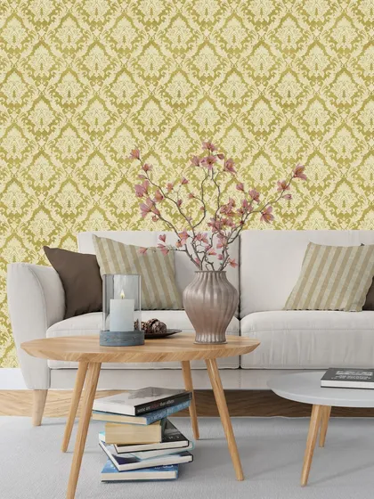 A classic damask pattern in a cheerful yellow-green hue. This timeless design from the Florina collection adds a touch of elegance and brightness to any living space.