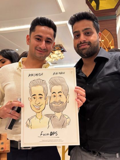 A caricature of two friends, a great way to capture a friendship at a special event.