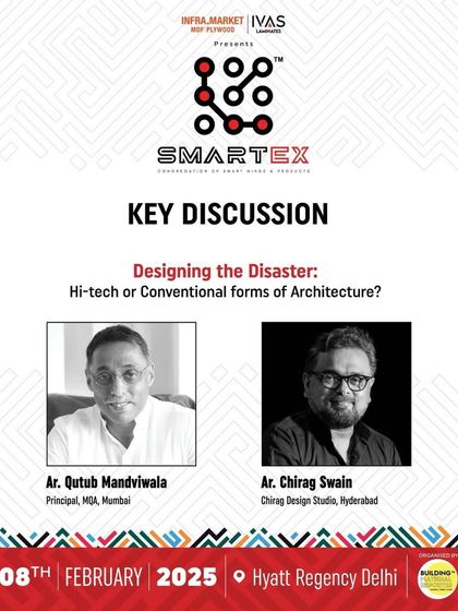 An announcement for a key discussion at Smartex 2025, where I will be debating high-tech versus conventional forms of architecture.