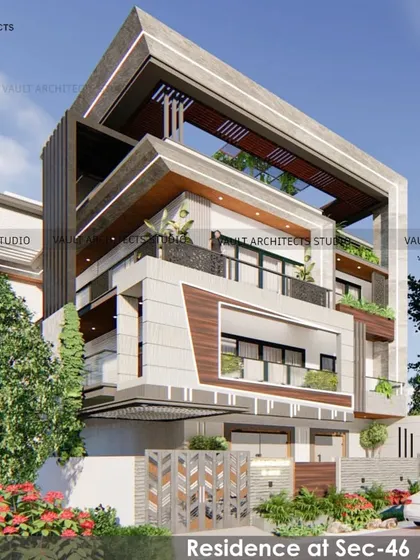 This is a 3D render of an upcoming 10,000 sqft luxury villa in Noida, designed in a modern contemporary style. The design features multiple balconies, wooden accents, and a strong geometric frame to create a visually stunning home.