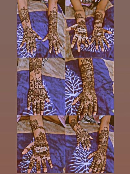 A collage showcasing the rich stains of various designs I've done. You can see the consistency in the deep color I achieve with my natural henna.