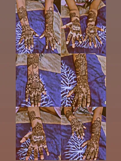 A collage showcasing the rich stains of various designs I've done. You can see the consistency in the deep color I achieve with my natural henna.