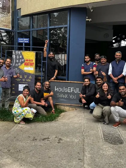 The team celebrates our 10th houseful show of "Who Killed Agatha?" outside Ranga Shankara. A moment of gratitude for our incredible audience and their support.