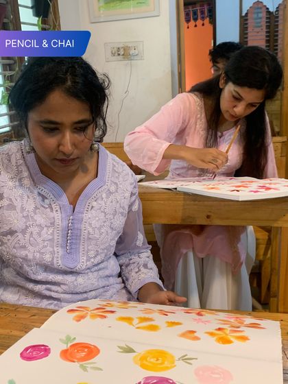 Art is better with friends. Here, two best friends share the joy of learning and creating together in our watercolor class, proving that a shared passion can make the journey even more rewarding.