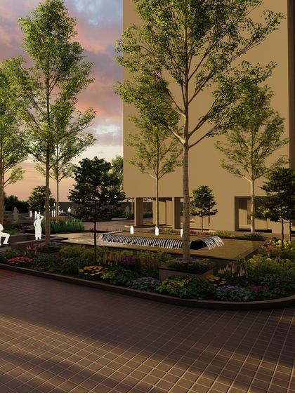 A conceptual render for an urban residential project, showing a water feature and seating area at dusk. The design uses lighting to create a warm, inviting atmosphere for evening relaxation.