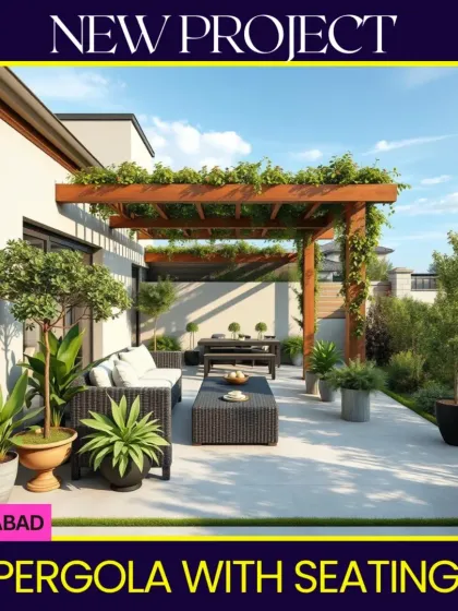 A new project in Faridabad featuring a beautiful wooden pergola with climbing plants. This design creates a shaded and green outdoor dining and seating area, seamlessly extending the home's living space.