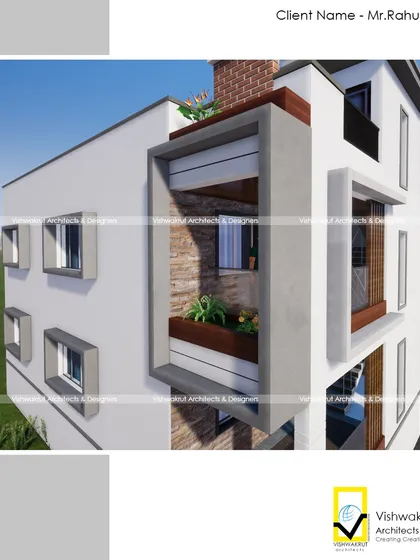 A detailed render of the 'Banda House' in Navghar, showing the texture of the brick cladding and the small planters integrated into the balcony design.