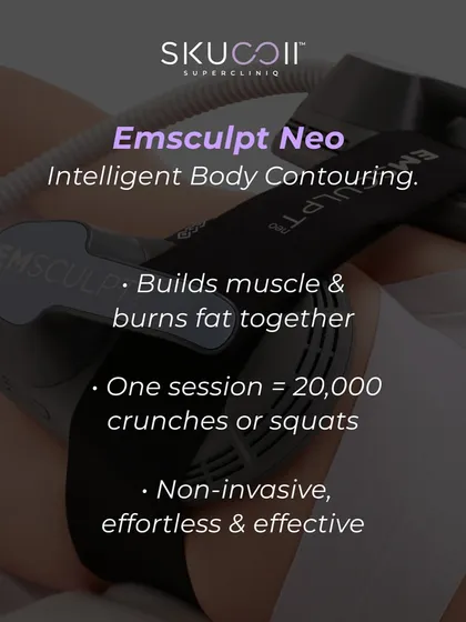 This graphic clearly explains the dual benefit of Emsculpt Neo. It simultaneously builds muscle and burns fat, with one 30-minute session providing the equivalent of 20,000 crunches or squats, making it a highly effective and efficient body toning treatment.