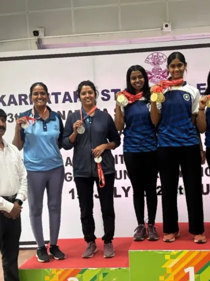 Teamwork makes the dream work. Our Women's ISSF Pistol Team celebrates their silver medal win at the Karnataka State Shooting Championship, showcasing the collaborative spirit we foster at the academy.