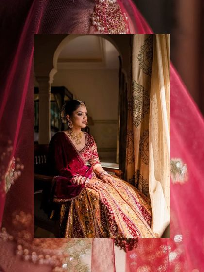 A collage featuring a stunning bridal portrait by a window, framed by her red veil, creating a soft and romantic effect.