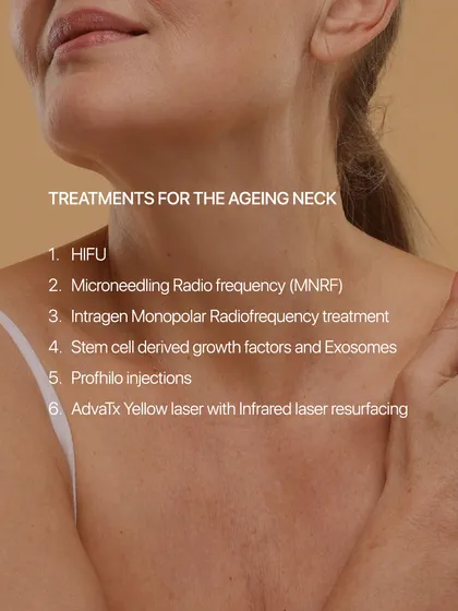 For every problem, there is a solution. This graphic lists the effective treatments I offer for the aging neck, including HIFU, MNRF, Profhilo, and the AdvaTx laser.