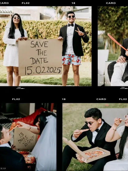 A fun and quirky pre-wedding shoot collage that doubles as a save the date announcement. This session was all about the couple's playful side, featuring pizza, party blowers, and lots of laughter.