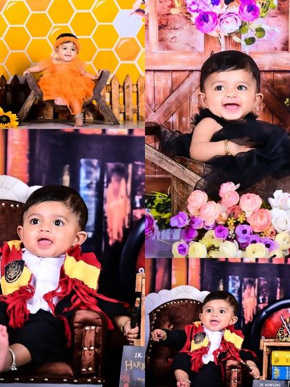 A four-panel collage with honeybee, floral, and Harry Potter themes.