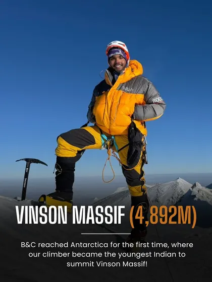 Our climber on Vinson Massif, becoming the youngest Indian to summit Antarctica's highest peak. This expedition is a true test of endurance against the extreme cold.