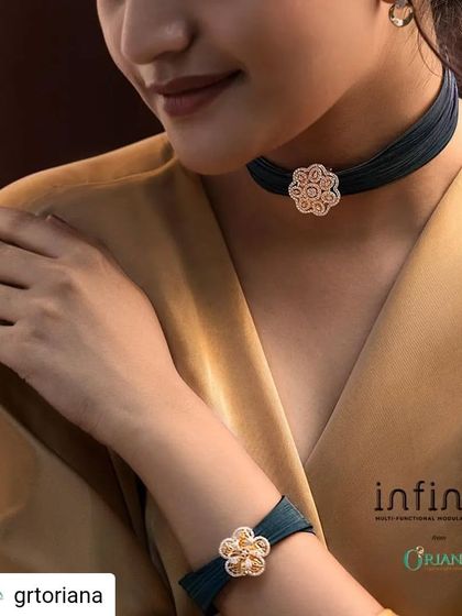 Showcasing the modular aspect of GRT Oriana's jewellery. We styled the same floral piece as a choker and a bracelet, paired with a golden satin dress, to demonstrate how one piece can be worn in multiple ways.