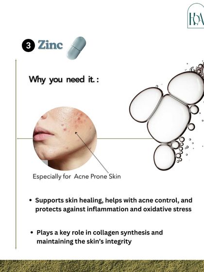 Zinc is especially important for acne-prone skin. It supports skin healing, helps with acne control, and protects against inflammation and oxidative stress, playing a key role in maintaining the skin's integrity.