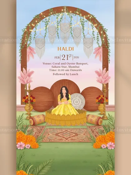 A Haldi ceremony is all about sunshine and joy, and this static e-invite captures that perfectly. I created a custom illustration of the bride in her yellow outfit, surrounded by a beautiful boho-chic decor with macrame and marigolds.