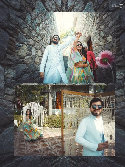 A stylish collage from a Mehendi ceremony at a resort in Jim Corbett. It showcases the couple's cool outfits, the boho-chic decor, and their fun-loving personalities.