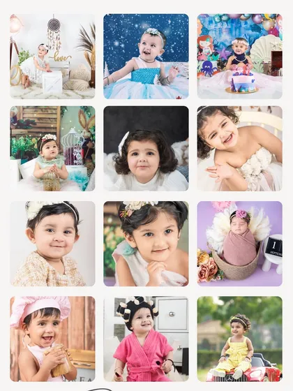 A beautiful grid of baby girl portraits, showing a range of themes from chef and princess to simple, classic shots.