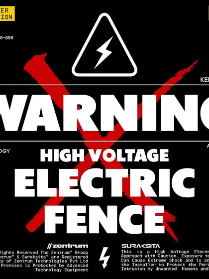 We provide professionally designed warning labels for all our electric fence installations. This high-contrast black and white design ensures maximum visibility to clearly communicate the presence of a high-voltage perimeter.
