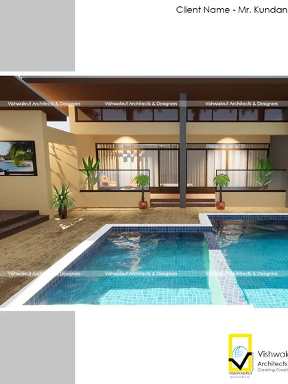 A poolside render showing the building's elevation. The design uses pillars and overhangs to create shaded areas, which is a practical consideration for comfort in our climate.