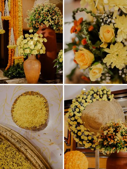 A collage of the yellow-themed decor details, from marigold arrangements to baskets of flowers.