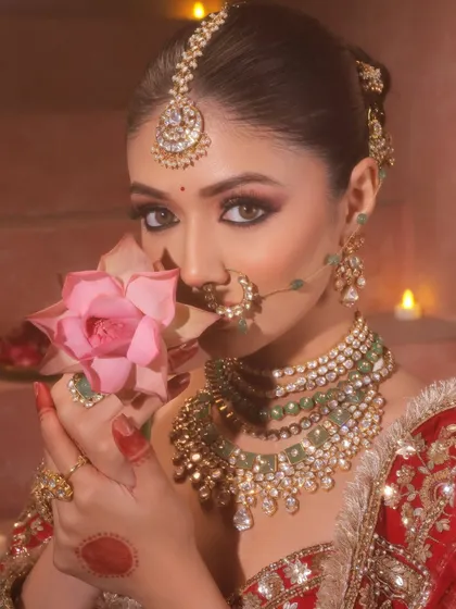 A close-up with a pink lotus, creating a beautiful contrast with the red outfit. This shot emphasizes the sharp, defined eyes and the overall regal vibe of the makeup.