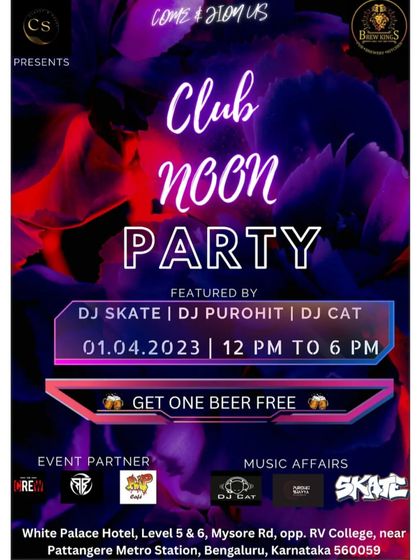 Flyer for a "Club Noon Party" at White Palace Hotel, an afternoon event I played.