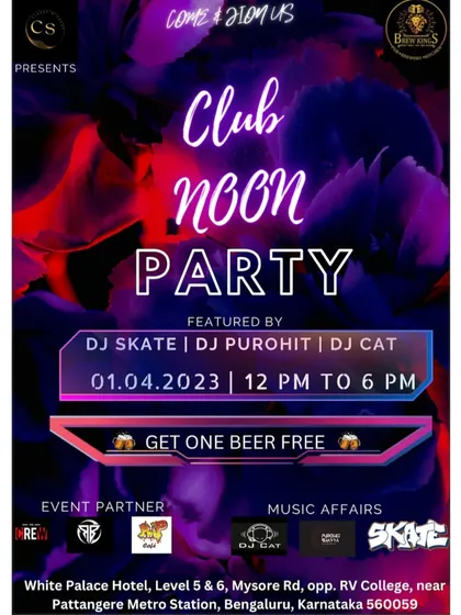 Flyer for a "Club Noon Party" at White Palace Hotel, an afternoon event I played.