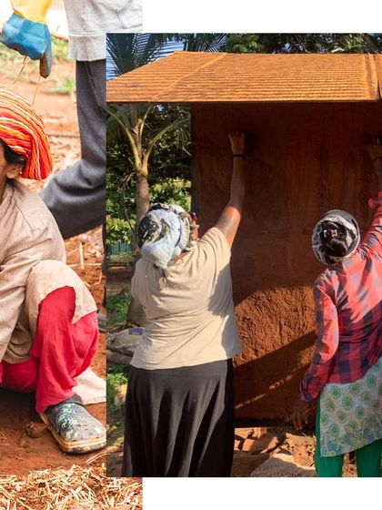 The joy of creation. Our team of women masons at Cheerville, smiling as they work together, sharing skills and building with their hands.