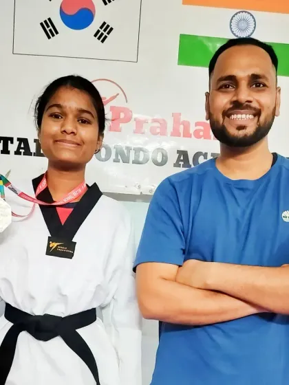 A junior female student with her silver medal from the 2nd Delhi Taekwondo State Championship. We train athletes for both Kyorugi and Poomsae events.