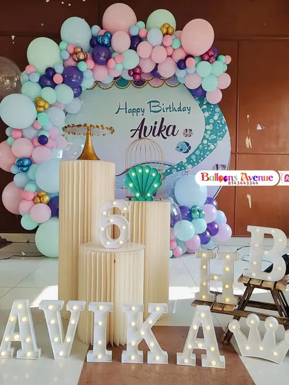 A duplicate of image 39, showing the full mermaid party setup for Avika.