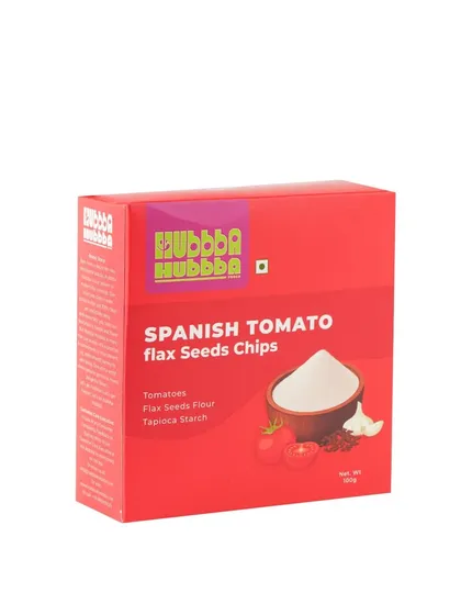 A crisp e-commerce packshot of Spanish Tomato flax seed chips. The clean white background ensures the vibrant packaging stands out on any online store.